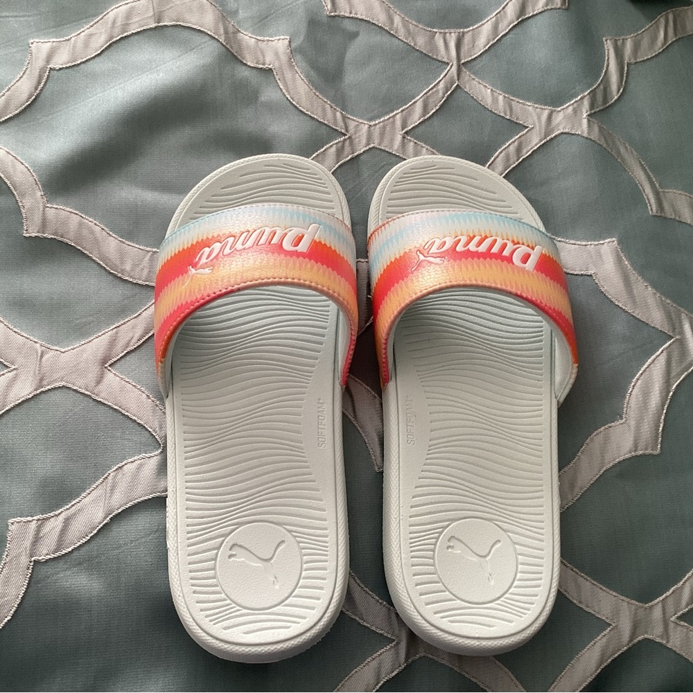Puma White Slides with Colorful Strap